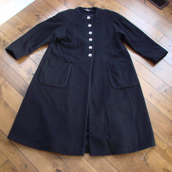 Hilary Radley Black Wool Cashmere Long Coat Dressy Silver Buttons Size Petite 6 - Picture 1 of 12